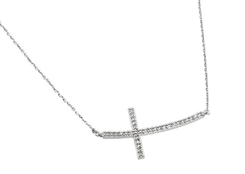 Stunning necklaces and pendants with birthstone pendants for a personal touch-Silver 925 Rhodium Plated Sideways Cross CZ Necklace - BGP00668