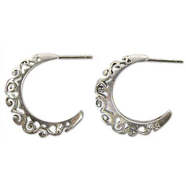 Heavy Duty Drop Earrings for Durability -Handmade Sterling Silver Silver Lace Half Hoop Earrings (Thailand)