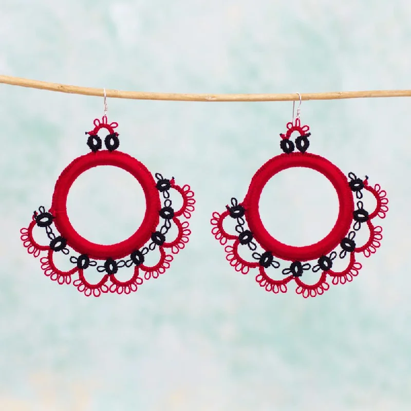 Nickel Free Drop Earrings for Safety -Handmade Cotton Sterling Silver 'Fanfare in Red' Earrings (Mexico) - Red