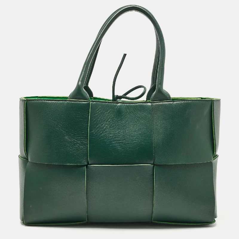 Handle bags with thick handles for support -Bottega Veneta Dark Green Intreccio Leather Small Arco Tote