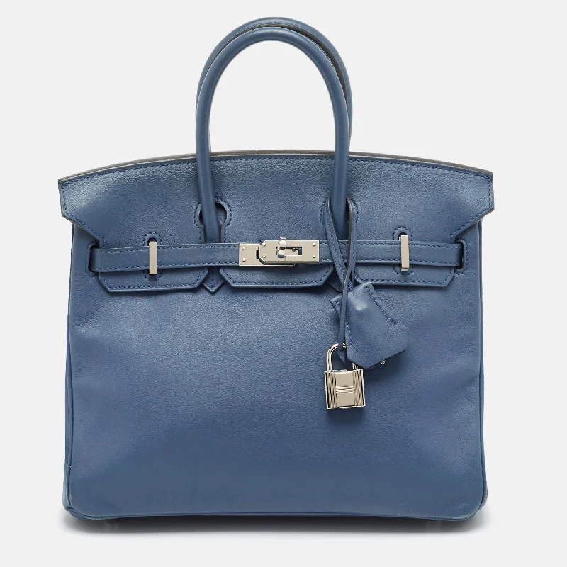 Handle bags with sleek leather for work -Hermes Bleu Agate Swift Leather Palladium Finish Birkin 25 Bag