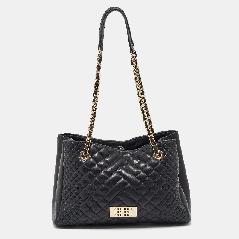 Handle bags with sturdy canvas for longevity -Ch Carolina Herrera Black Quilted Leather Chain Tote