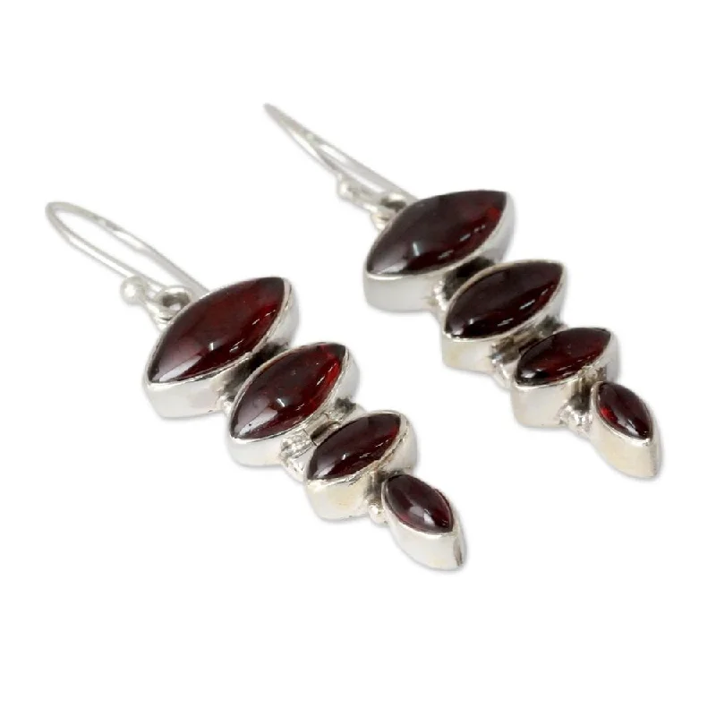 Drop Earrings with Wave Designs -Handmade Sterling Silver 'Romantic Quartet' Garnet Earrings (India)