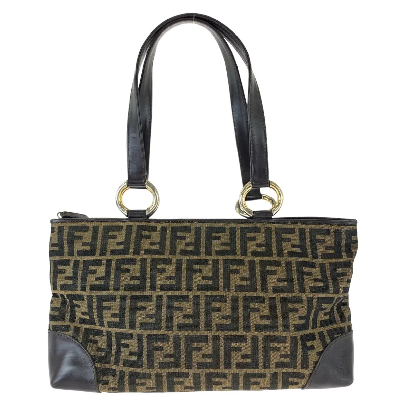 Handle bags with padded straps for comfort -Fendi Zucca Canvas Handbag Brown Gold Hardware