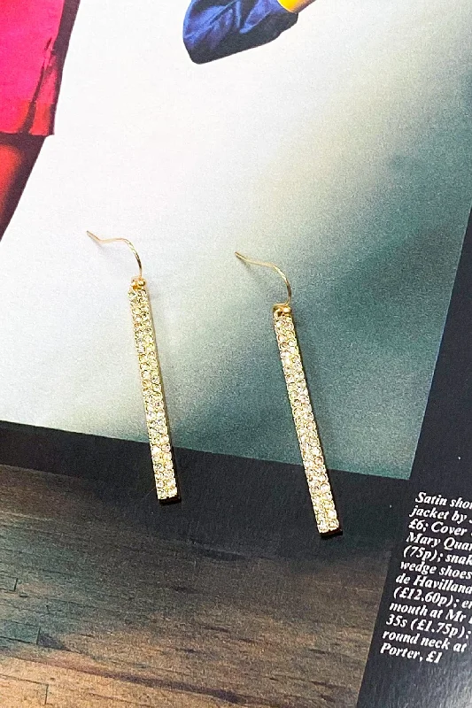 Drop Earrings with Hammered Finish -Caitriona Rhinestone Drop Bar Earrings