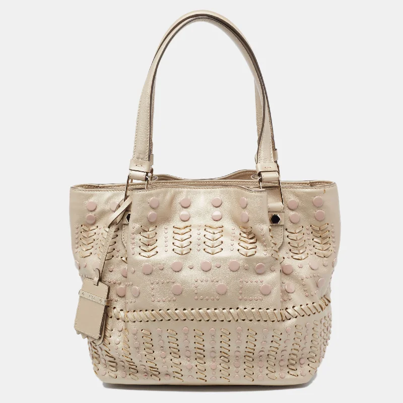 Quilted handle bags with stylish textured finish -Tod's Metallic Beige Leather Studded Flower Tote