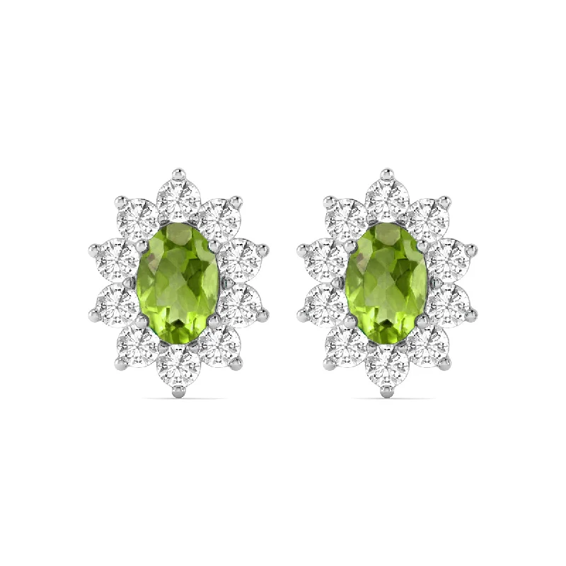 Drop Earrings for Graduation Day -Oval Shape Peridot And Diamond Flower Earrings In 14K White Gold