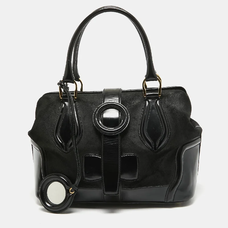 Handle bags with detachable pouches for versatility -Balenciaga Black Suede And Leather Frame Satchel