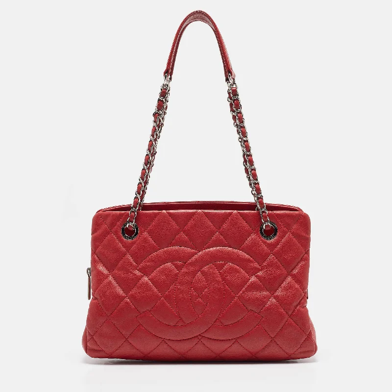 Handle bags with contrast stitching for detail -Chanel Red Quilted Caviar Leather Shopper Tote