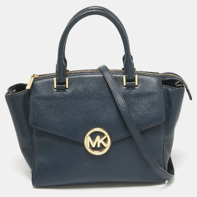 Designer handle bags with luxury logo detailing -Michael Kors Navy Blue Leather Large Hudson Satchel