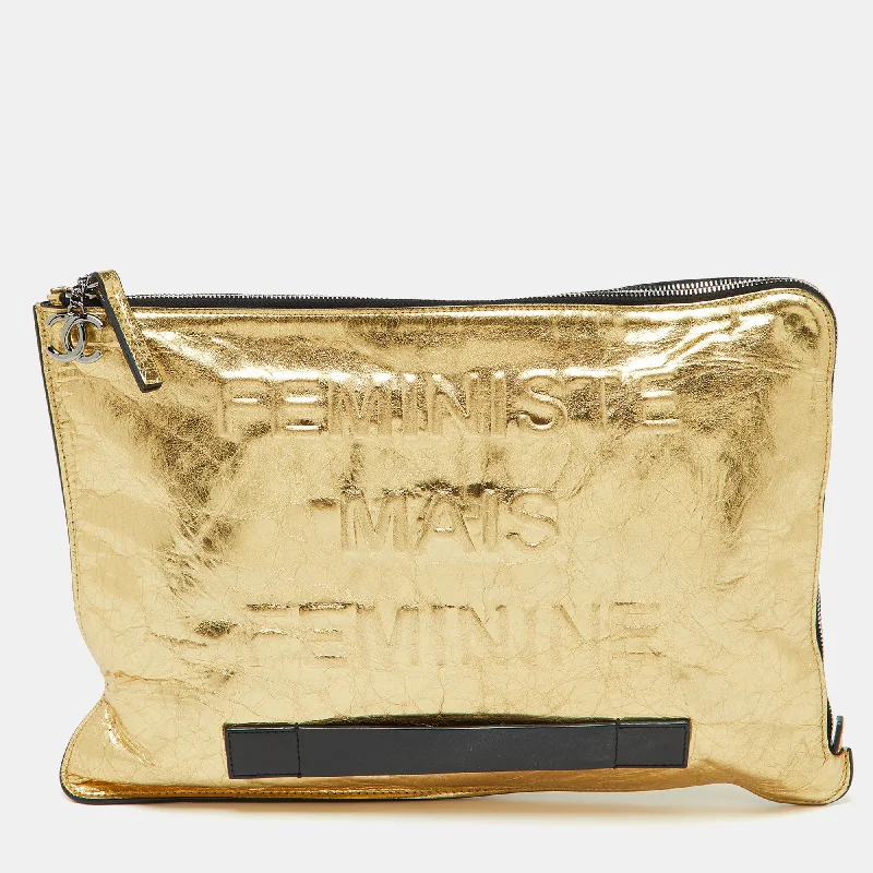 Handle bags with lightweight nylon for ease -Chanel Metallic Gold Crinkled Leather Large Feminine Pouch