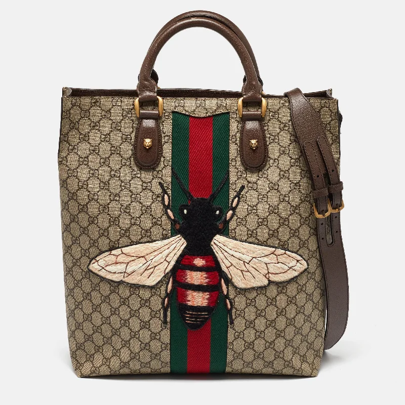 Handle bags with lightweight fabric for ease -Gucci Beige Gg Supreme Canvas And Leather Animalier Vertical Tote