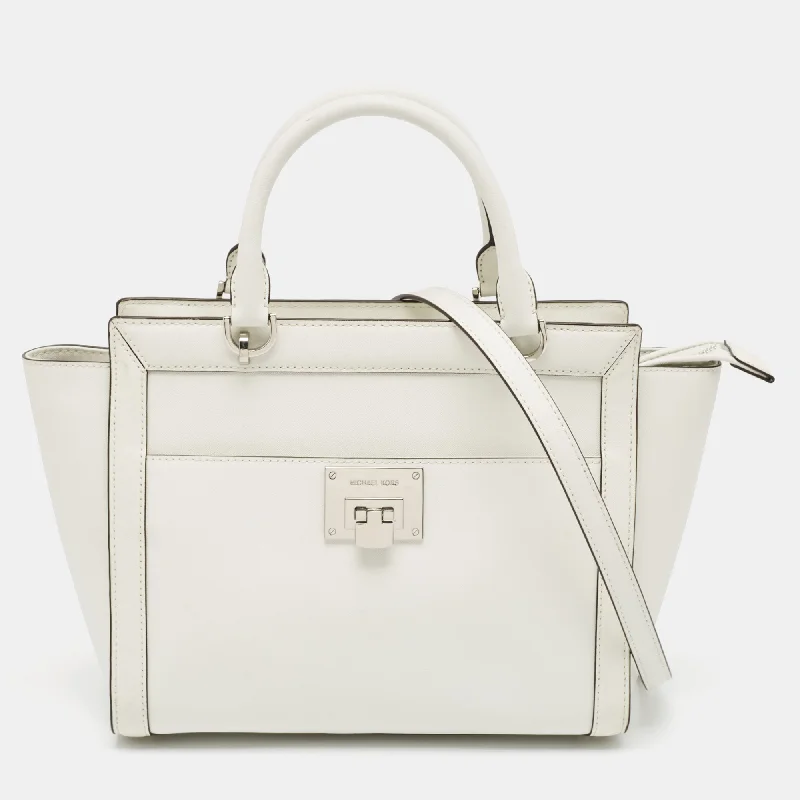 Handle bags with lightweight fabric for ease -Michael Kors White Leather Large Tina Tote