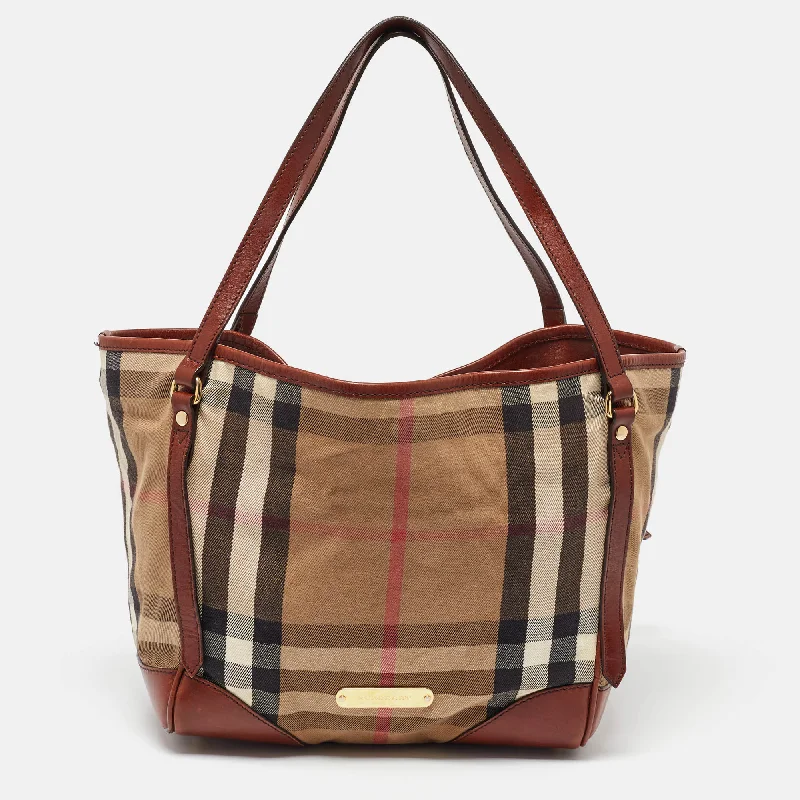 Handle bags with geometric patterns for modernity -Burberry Brown/beige House Check Canvas And Leather Canterbury Tote