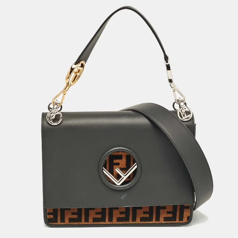 Handle bags with side pockets for organization -Fendi Black/brown Zucca Leather And Velvet Kan I F Logo Top Handle Bag