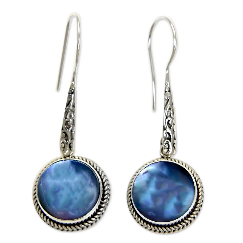 Drop Earrings for Birthday Celebration -Sterling Silver 'Blue Camellia' Cultured Pearl Earrings (12 mm) (Indonesia) - 1.8L*0.6W