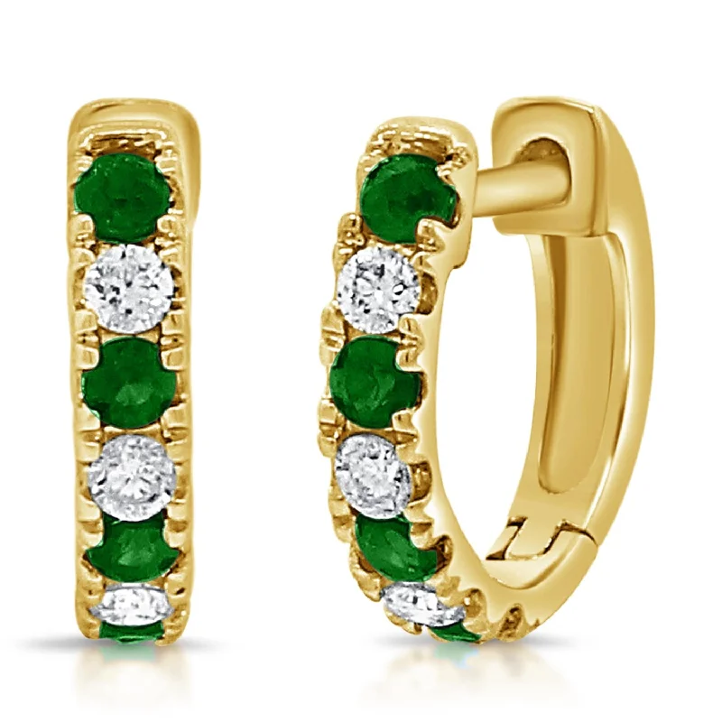 Adjustable Drop Earrings for Custom Fit -Joelle Collection Emerald & Diamond Huggie Earrings 14K Gold 13mm