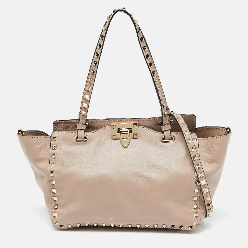 Handle bags with durable hemp for sustainability -Valentino Pink Leather Medium Rockstud Trapeze Tote