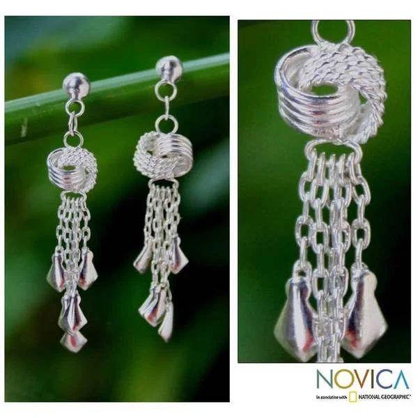 Drop Earrings with Hammered Finish -Handmade Sterling Silver 'Love Knots' Waterfall Earrings (Thailand)