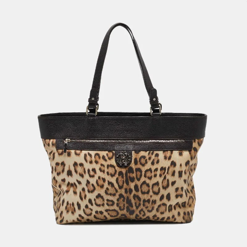 Handle bags with camouflage patterns for edge -Roberto Cavalli Brown/beige Leopard Print Fabric And Leather Front Zip Tote