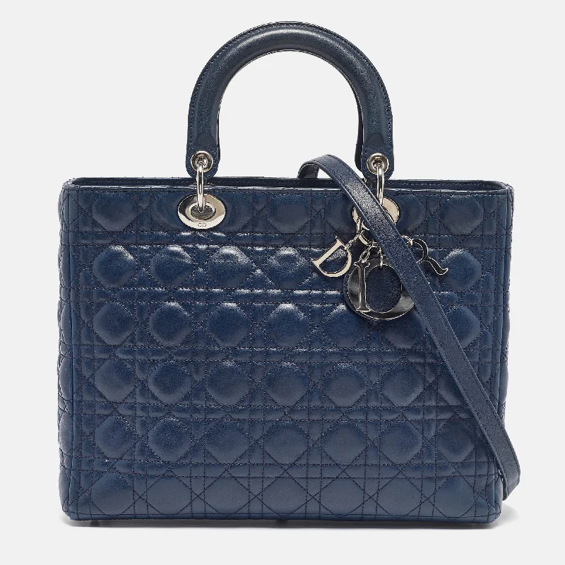 Handle bags with subtle embroidery for detail -Dior Dark Blue Cannage Leather Large Lady Dior Tote