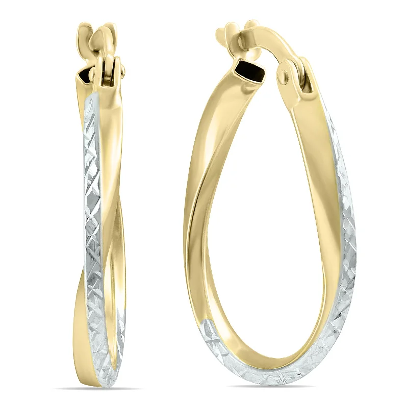 Magnetic Closure Drop Earrings for Easy -14K Yellow Gold Two Toned Twisted Hoop Earrings