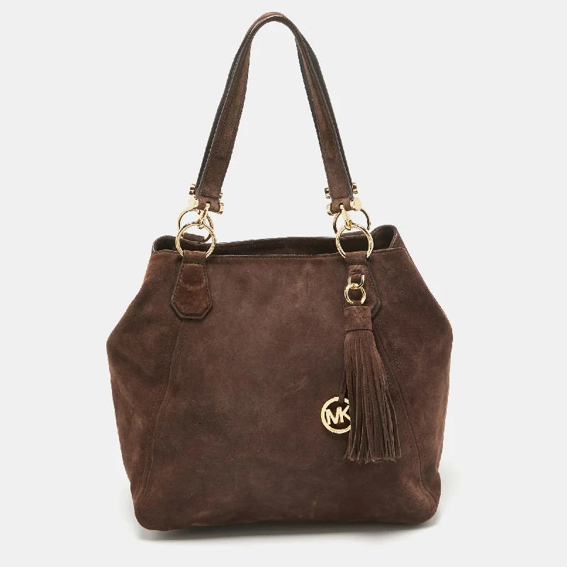 Foldable handle bags for easy storage convenience -Michael Kors Brown Suede And Leather Shopper Tote