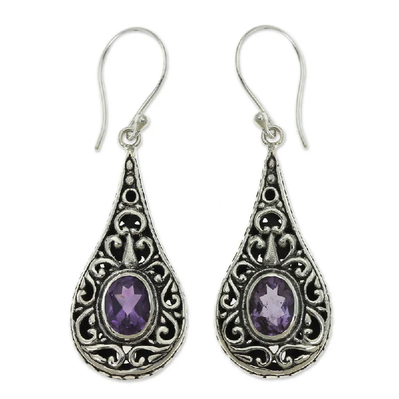 Drop Earrings with Keyhole Designs -Handmade Sterling Silver 'Balinese Dew' Amethyst Earrings (Indonesia)