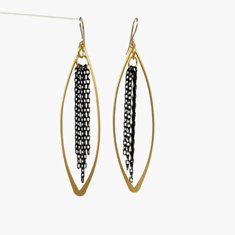 Drop Earrings for School Uniform -Gold Marquis Elongated Drops With Black Tassel Earrings