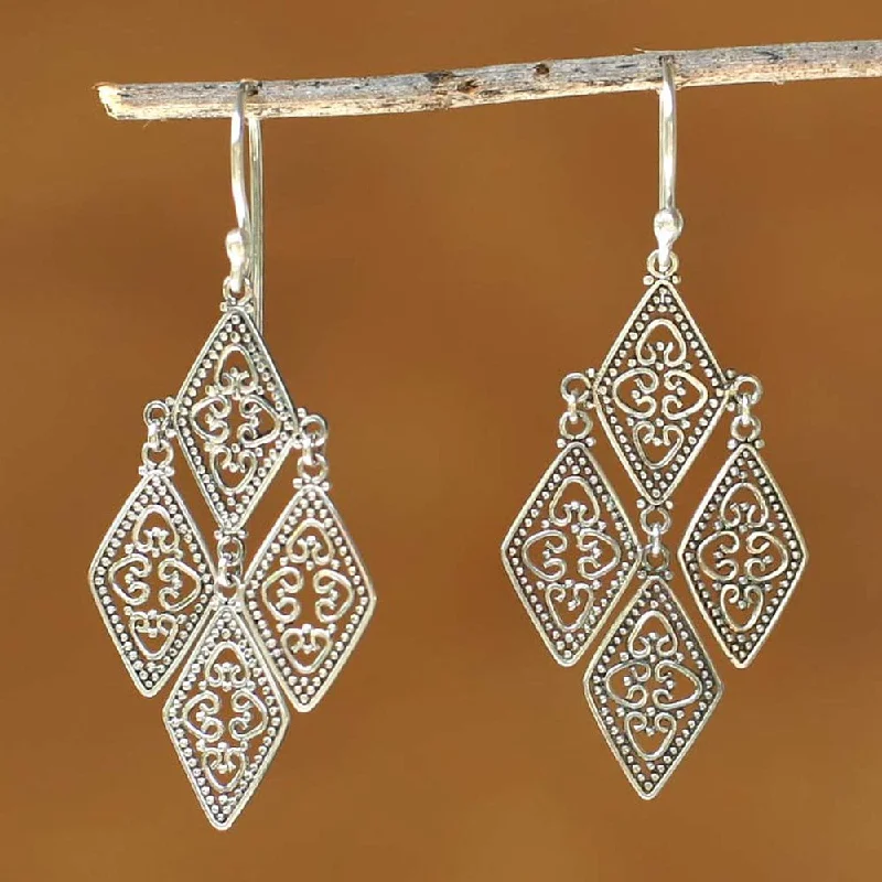 Geometric Drop Earrings for Trend -Handmade Sterling Silver 'Diamonds in Lace' Earrings (Indonesia)