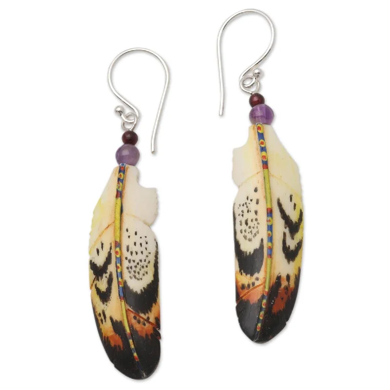 Screw Back Drop Earrings for Security -NOVICA Delightful Feathers, Bone and amethyst dangle earrings - 2.2*0.4