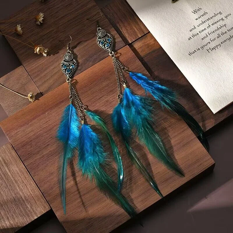 Drop Earrings for Anniversary -Wholesale Ethnic Style Chain Feather Earrings