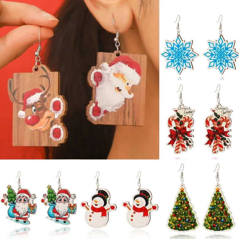 Heart Shaped Drop Earrings for Love -Wholesale Christmas Snowflake Santa Claus Wooden Earrings