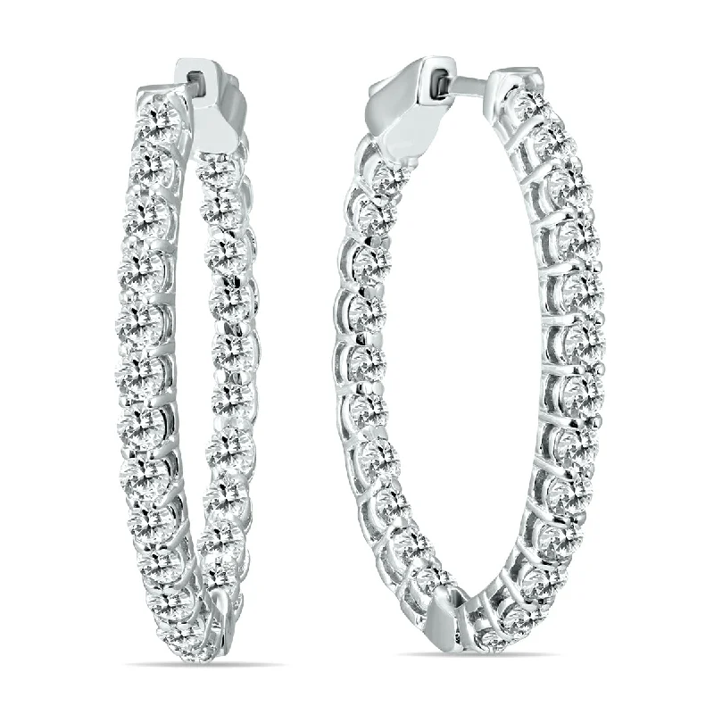 Drop Earrings with Leaf Motifs -3 Ctw Oval Natural Diamond Hoop Earrings With Push Button Locks In 14K White Gold