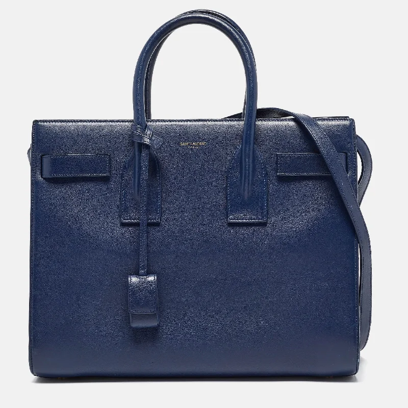 Large handle bags with spacious interior compartments -Saint Laurent Blue Leather Small Classic Sac De Jour Tote