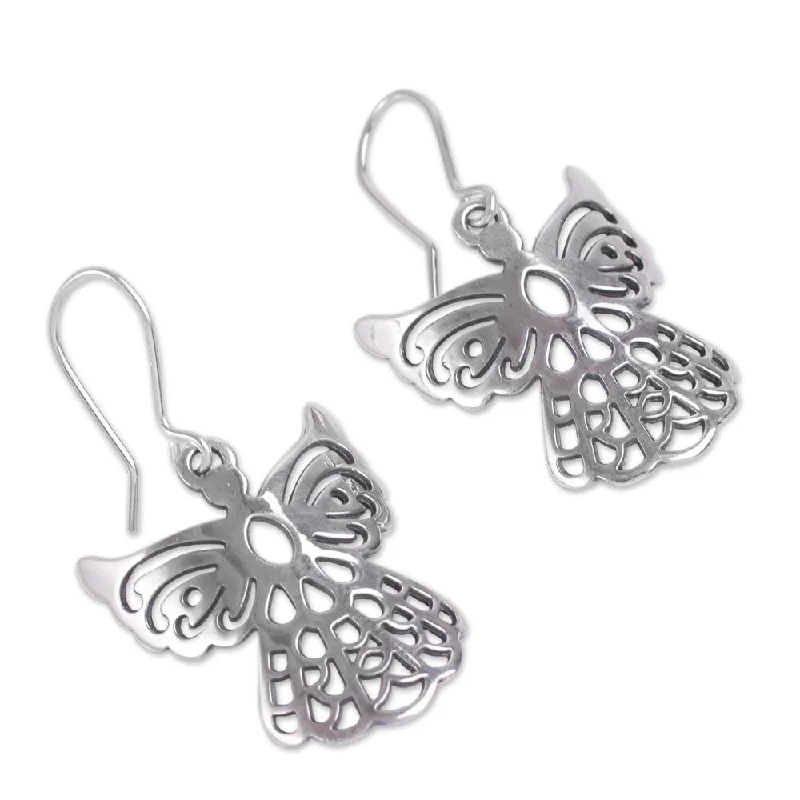 Drop Earrings with Embossed Patterns -Handmade Sterling Silver Cajamarca Angels Dangle Earrings (Peru) - 1.7L*0.9W