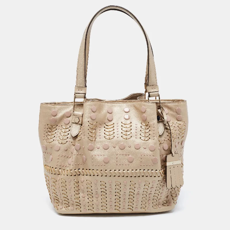 Handle bags with suede accents for texture -Tod's Metallic Beige Leather Small Studded Flower Tote