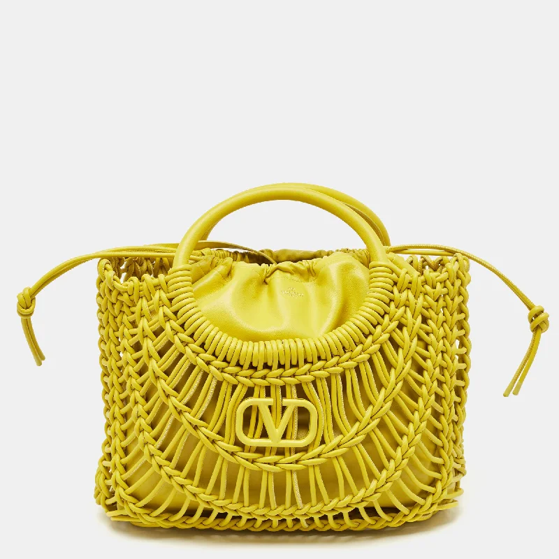 Designer handle bags with luxury logo detailing -Valentino Yellow Woven Leather Allknots Shopper Tote