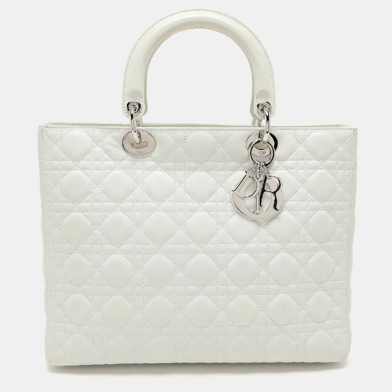 Handle bags with sturdy bases for stability -Dior White Cannage Leather Large Lady Dior Tote