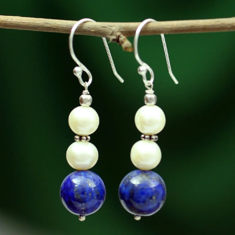 Lightweight Drop Earrings for All Day -Handmade Mystic Truth Modern Blue Lapis Lazuli with Freshwater Pearls on 925 Sterling Silver Wires Dangle Earrings (India)