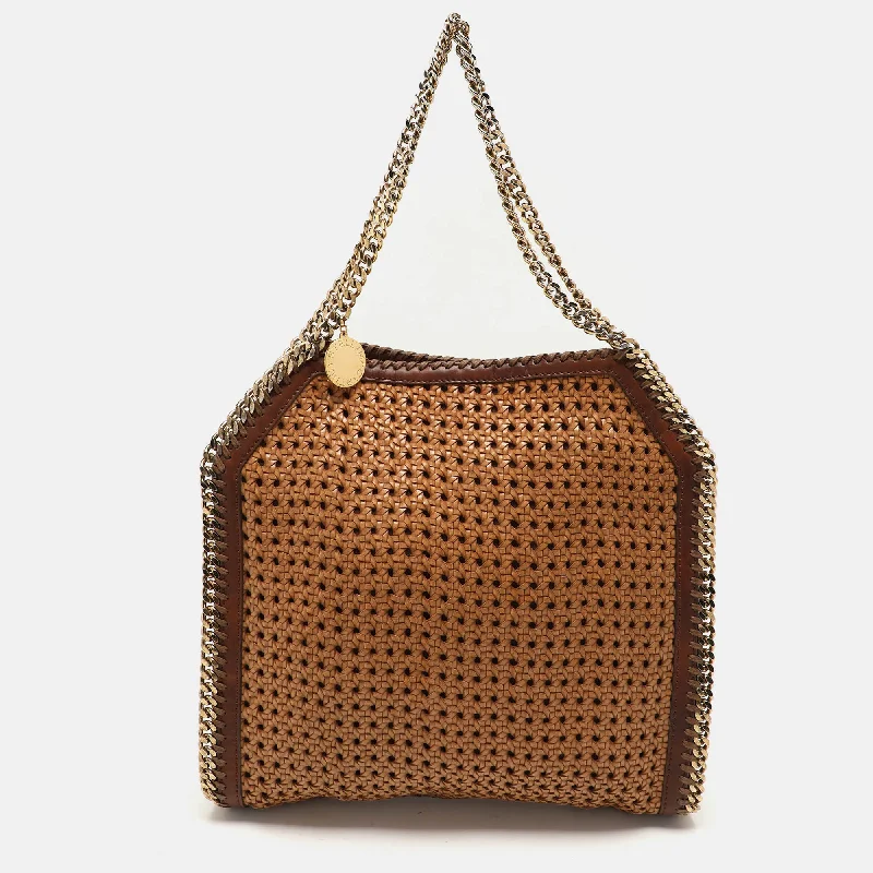 Handle bags with structured shapes for class -Stella Mccartney Brown Woven Faux Leather Falabella Tote