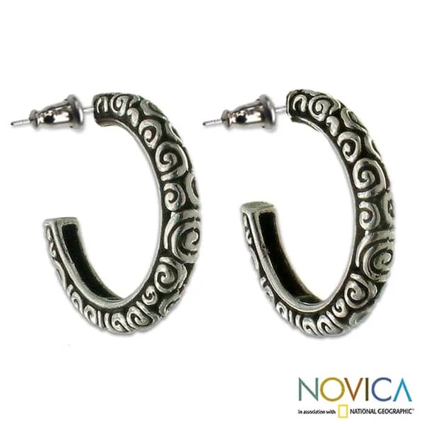 Vintage Drop Earrings with Patina -Handmade Sterling Silver 'Complexity Hoop' Earrings (Indonesia)