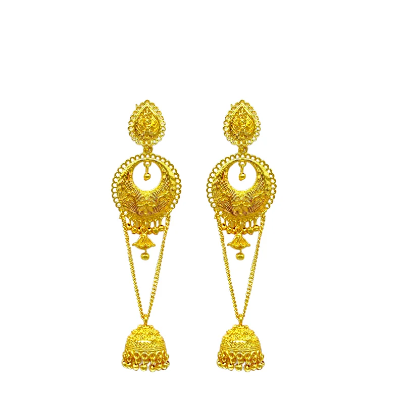 Drop Earrings with Chevron Designs -Gold Chandbali Earrings with chain hanging and zumkhi