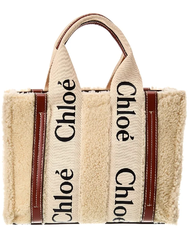 Handle bags with bold checks for trend -Chloé Woody Small Shearling & Leather Tote (Authentic Pre-Owned)