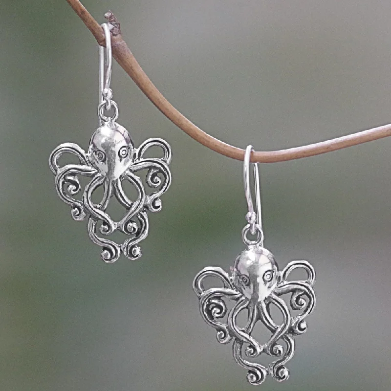 Drop Earrings with Wave Designs -NOVICA Handmade Sterling Silver Octopus of the Deep Earrings (Indonesia) - 1.4*0.7