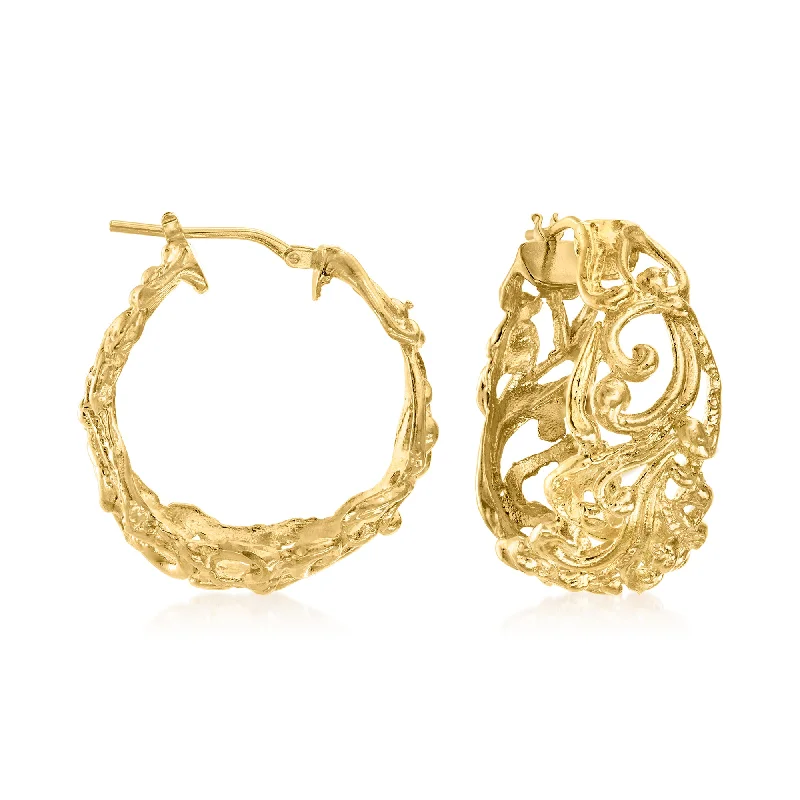 Drop Earrings with Filigree Work -Ross-Simons Italian 18kt Gold Over Sterling Florentine-Style Hoop Earrings