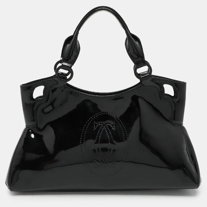 Handle bags with structured shapes for class -Cartier Black Patent Leather Small Marcello De Cartier Tote