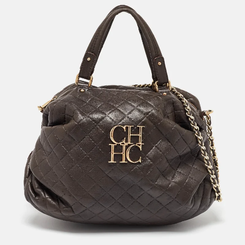 Handle bags with padded interiors for laptops -Carolina Herrera Dark Brown Quilted Leather Pleated Chain Satchel