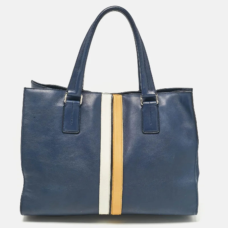 Handle bags with neutral tones for versatility -Tod's Navy Blue Leather Stripe Tote