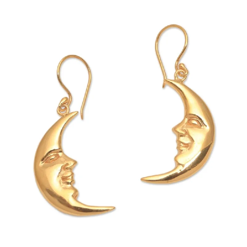 Short Drop Earrings for Subtle -Handmade Happy Moon Gold Plated Sterling Silver Dangle Earrings (Indonesia) - 1.5*0.4